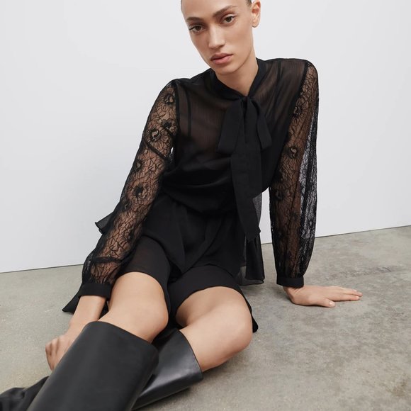 NEW Zara Black Lace Bow Neck Ruffled Mini Dress - Picture 3 of 11